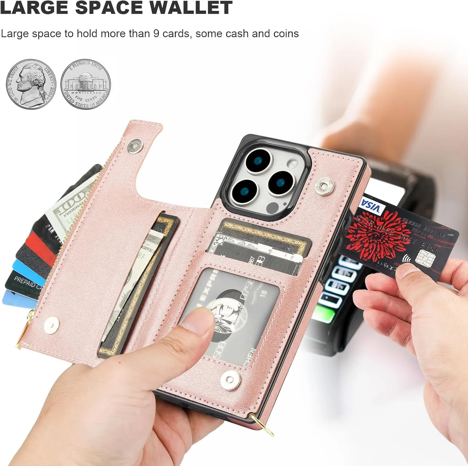 Bocasal Crossbody Wallet Case for iPhone 16 Pro with RFID Blocking Card Slot Holder, Magnetic Flip Folio Purse Case, PU Leather Zipper Handbag with Detachable Lanyard Strap 6.3 Inch 5G (Rose Gold)