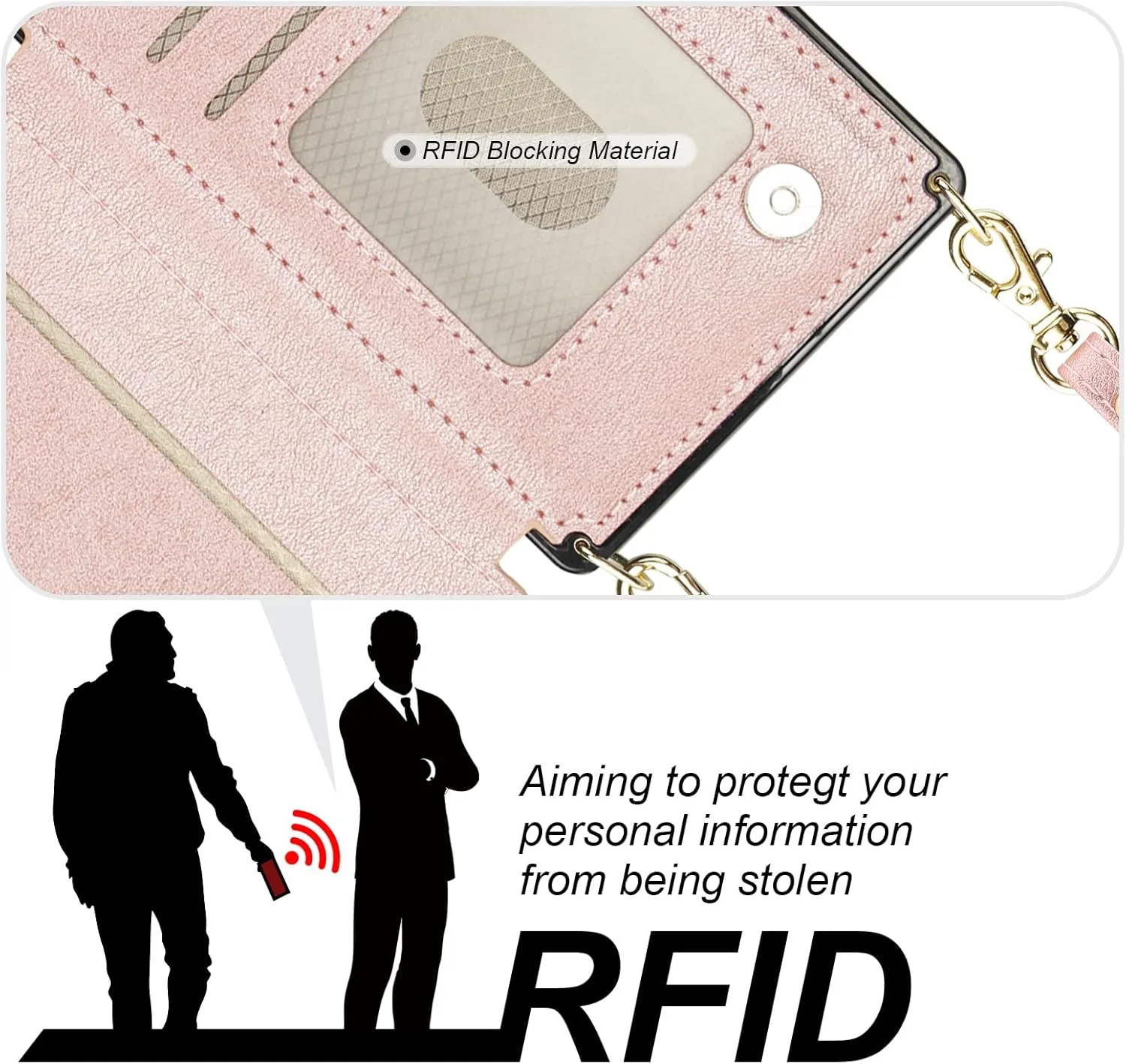 Bocasal Crossbody Wallet Case for iPhone 16 Pro with RFID Blocking Card Slot Holder, Magnetic Flip Folio Purse Case, PU Leather Zipper Handbag with Detachable Lanyard Strap 6.3 Inch 5G (Rose Gold)