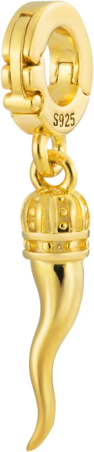 Bolenvi Gold Horn Italian Omni Clip On Open Clasp Pendant, 925 Sterling Silver, 14K Gold Plating, Compatible with Pandora Charm Bracelets, Necklaces, and DIY Jewelry, Pendant Charms for Jewelry Making