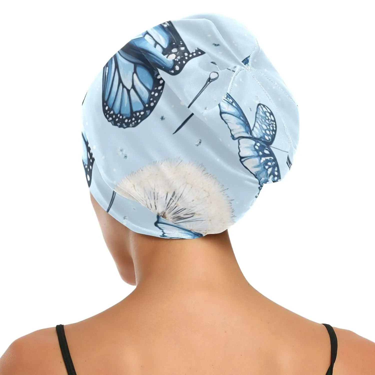 Bonnet Sleep Cap Hair Wrap Cover for Sleeping Satin Lined Head Wrap Nurse Cap Night Curly Long Hair Sleep Protection Slouchy Beanie for Men Women Blue Butterfly