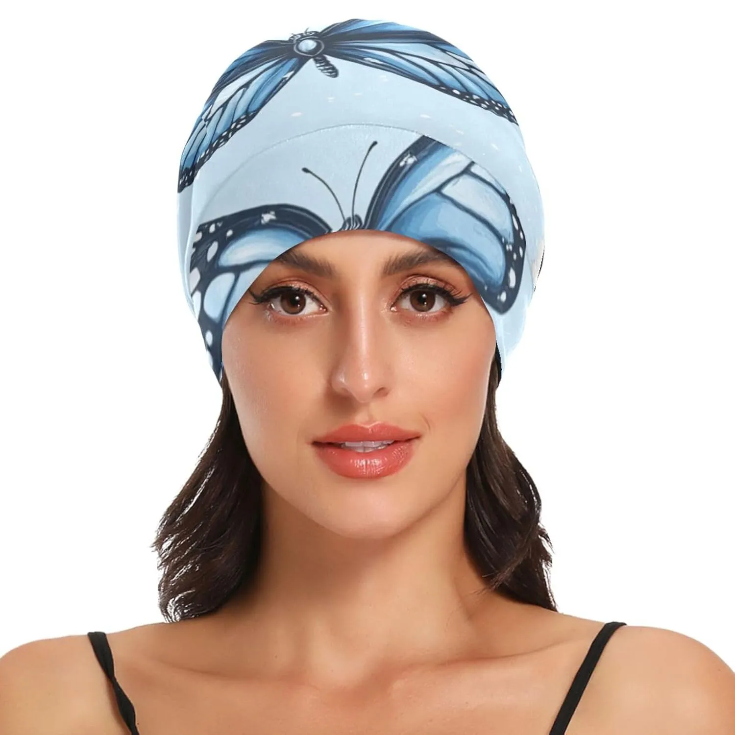 Bonnet Sleep Cap Hair Wrap Cover for Sleeping Satin Lined Head Wrap Nurse Cap Night Curly Long Hair Sleep Protection Slouchy Beanie for Men Women Blue Butterfly