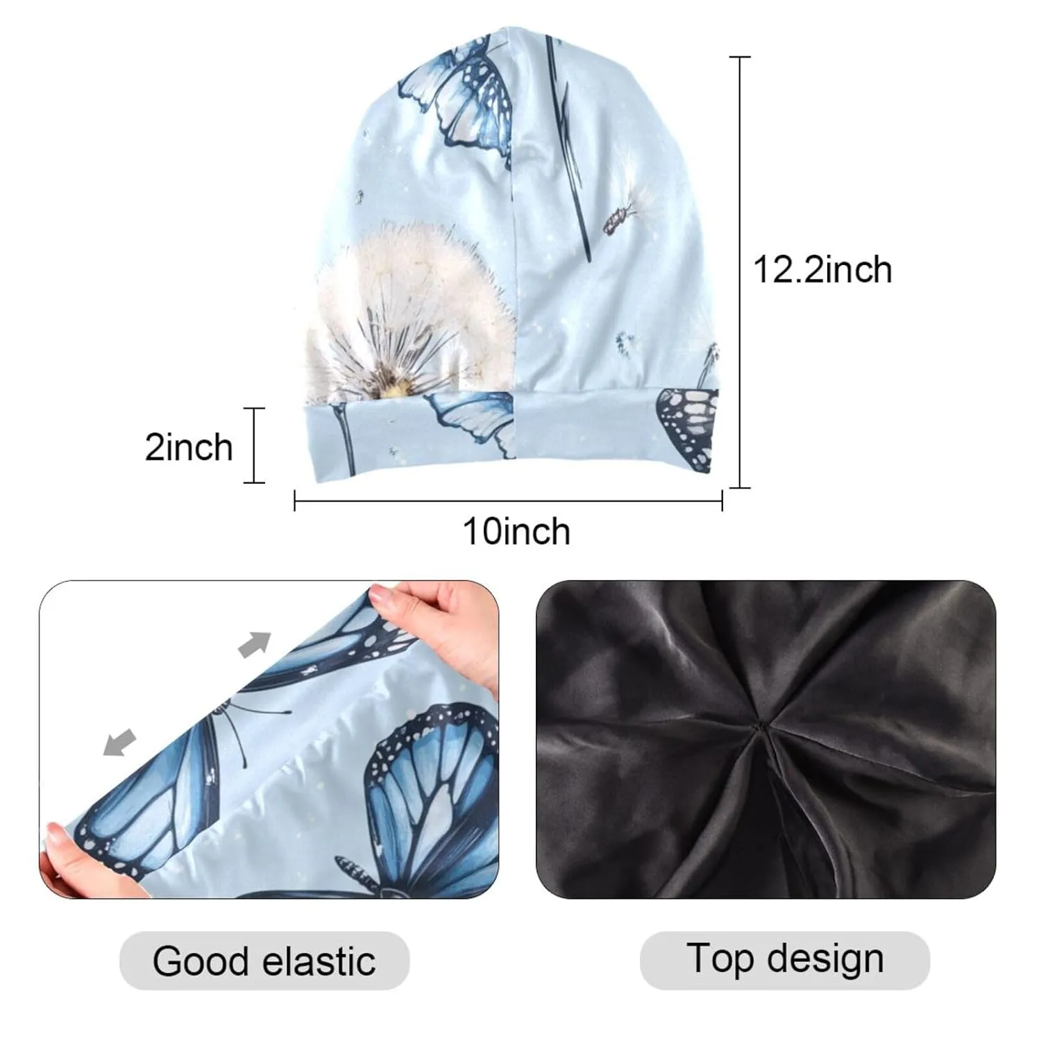 Bonnet Sleep Cap Hair Wrap Cover for Sleeping Satin Lined Head Wrap Nurse Cap Night Curly Long Hair Sleep Protection Slouchy Beanie for Men Women Blue Butterfly