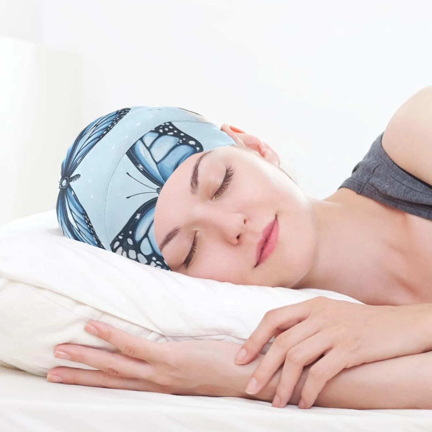 Bonnet Sleep Cap Hair Wrap Cover for Sleeping Satin Lined Head Wrap Nurse Cap Night Curly Long Hair Sleep Protection Slouchy Beanie for Men Women Blue Butterfly