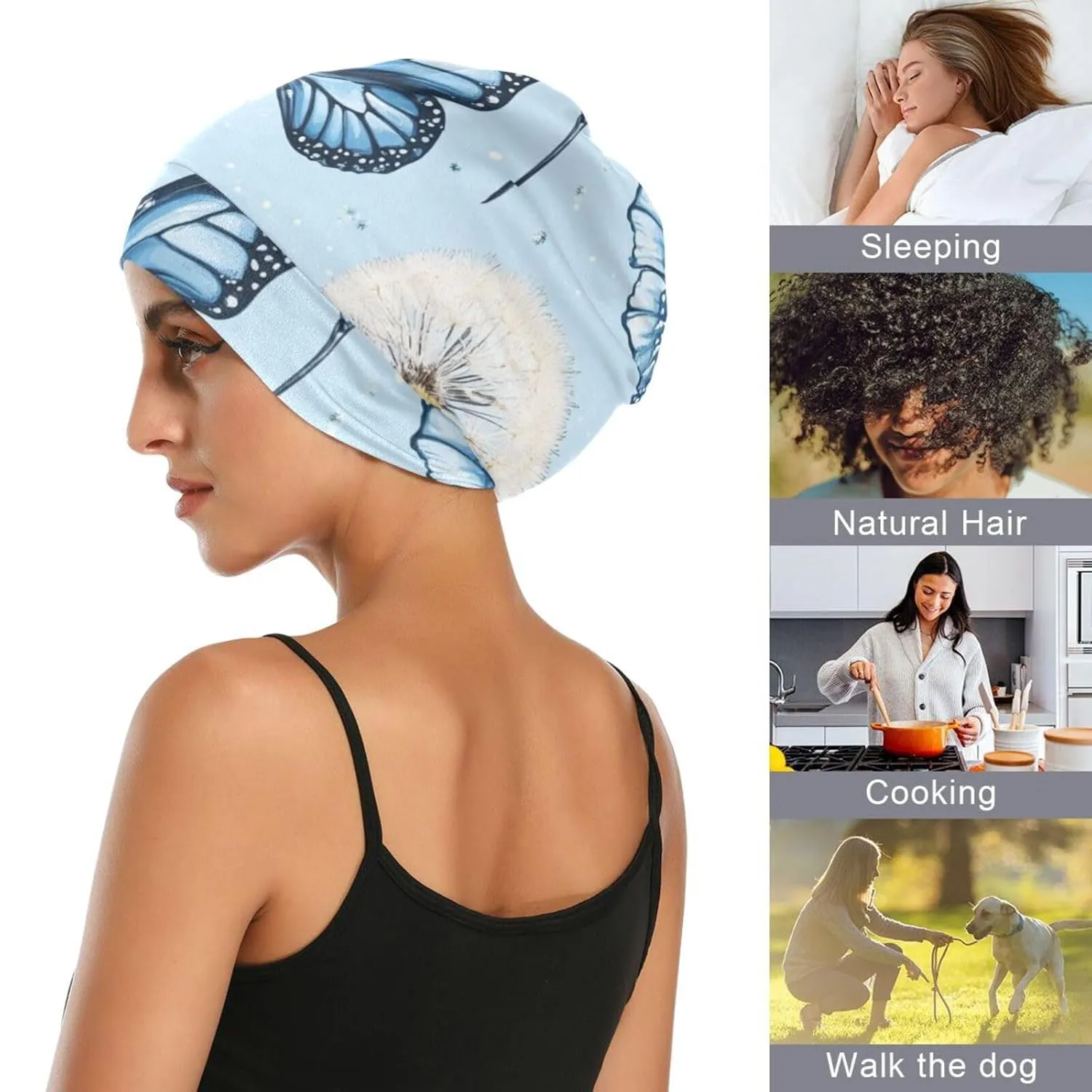 Bonnet Sleep Cap Hair Wrap Cover for Sleeping Satin Lined Head Wrap Nurse Cap Night Curly Long Hair Sleep Protection Slouchy Beanie for Men Women Blue Butterfly