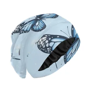 Bonnet Sleep Cap Hair Wrap Cover for Sleeping Satin Lined Head Wrap Nurse Cap Night Curly Long Hair Sleep Protection Slouchy Beanie for Men Women Blue Butterfly