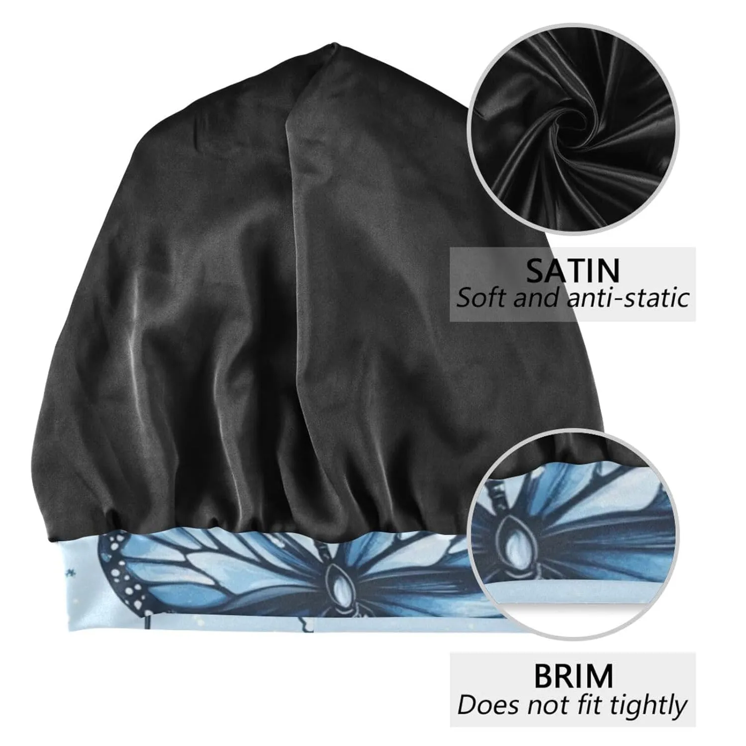 Bonnet Sleep Cap Hair Wrap Cover for Sleeping Satin Lined Head Wrap Nurse Cap Night Curly Long Hair Sleep Protection Slouchy Beanie for Men Women Blue Butterfly