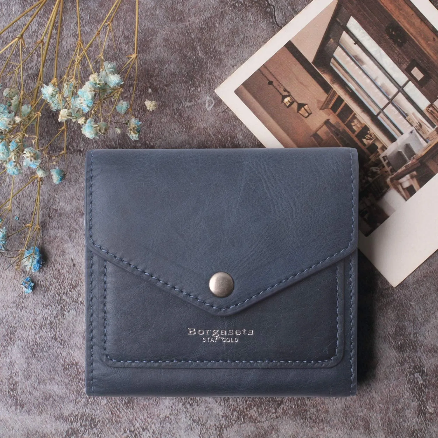 Borgasets Small Wallet for Women Genuine Leather RFID Blocking Card Holder Organizer Pocket Compact Bifold Ladies Mini Purse