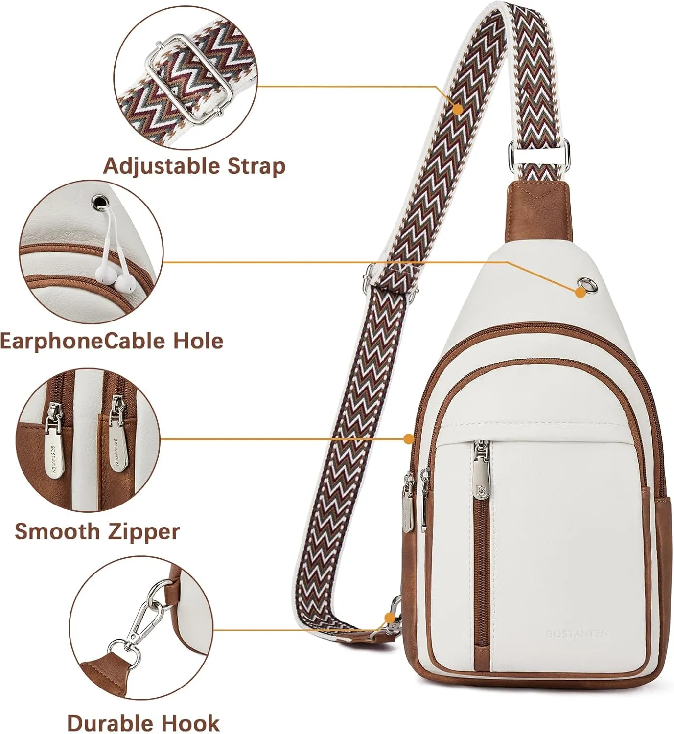 BOSTANTEN Sling Bag Cross Body Bag Trendy Leather Crossbody Purse Chest Bag with Adjustable Guitar Strap for Travel