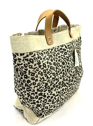 Burlap tote Bag with Leather handle, Animal print Size : 14" X 11" X 6", Thick burlap canvas women hand bags, Tan, Medium