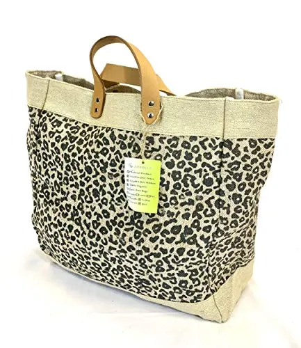 Burlap tote Bag with Leather handle, Animal print Size : 14" X 11" X 6", Thick burlap canvas women hand bags, Tan, Medium