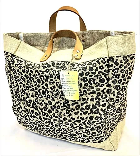 Burlap tote Bag with Leather handle, Animal print Size : 14" X 11" X 6", Thick burlap canvas women hand bags, Tan, Medium