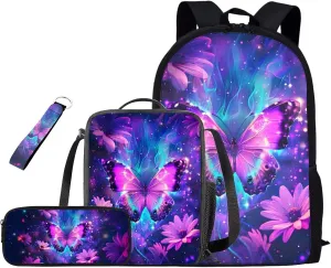 Butterfly Floral Backpacks and Lunch Boxes for Girls School Bags for Boys 5-7 Back to School 17Inch Bookbags with Zipper Pocket Gift Choice for Children/Kids On Back To School,Birthday