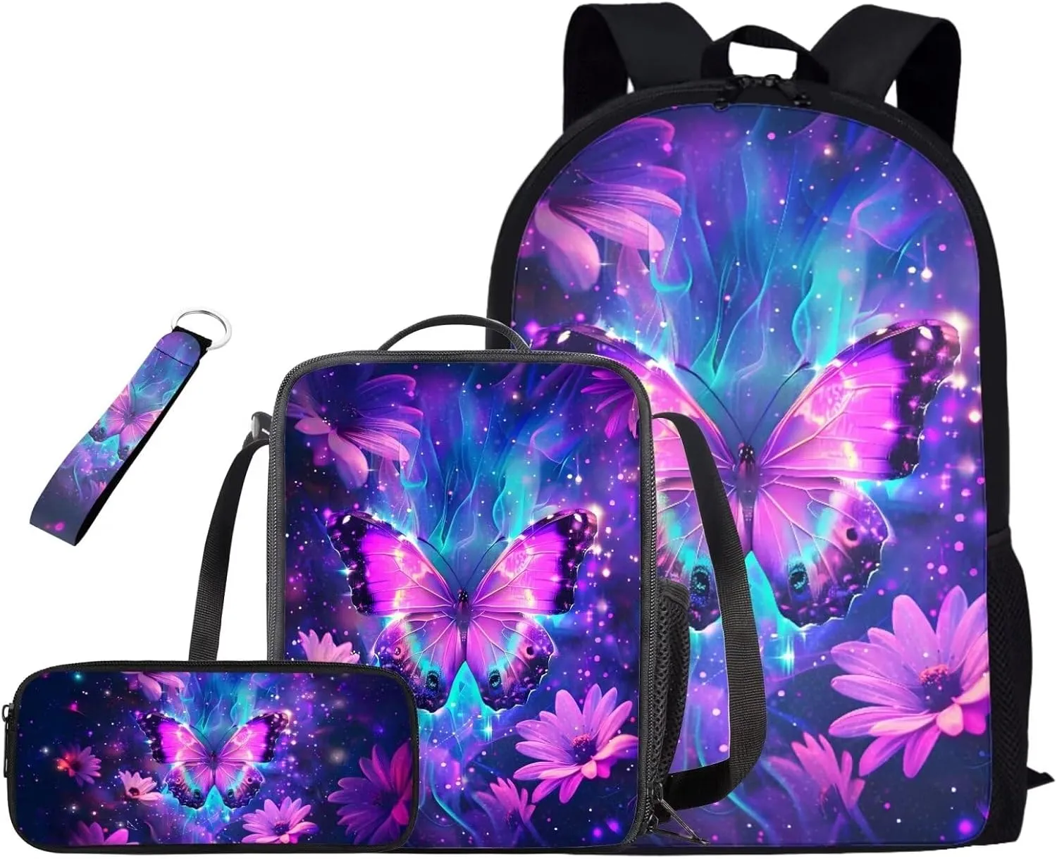 Butterfly Floral Backpacks and Lunch Boxes for Girls School Bags for Boys 5-7 Back to School 17Inch Bookbags with Zipper Pocket Gift Choice for Children/Kids On Back To School,Birthday