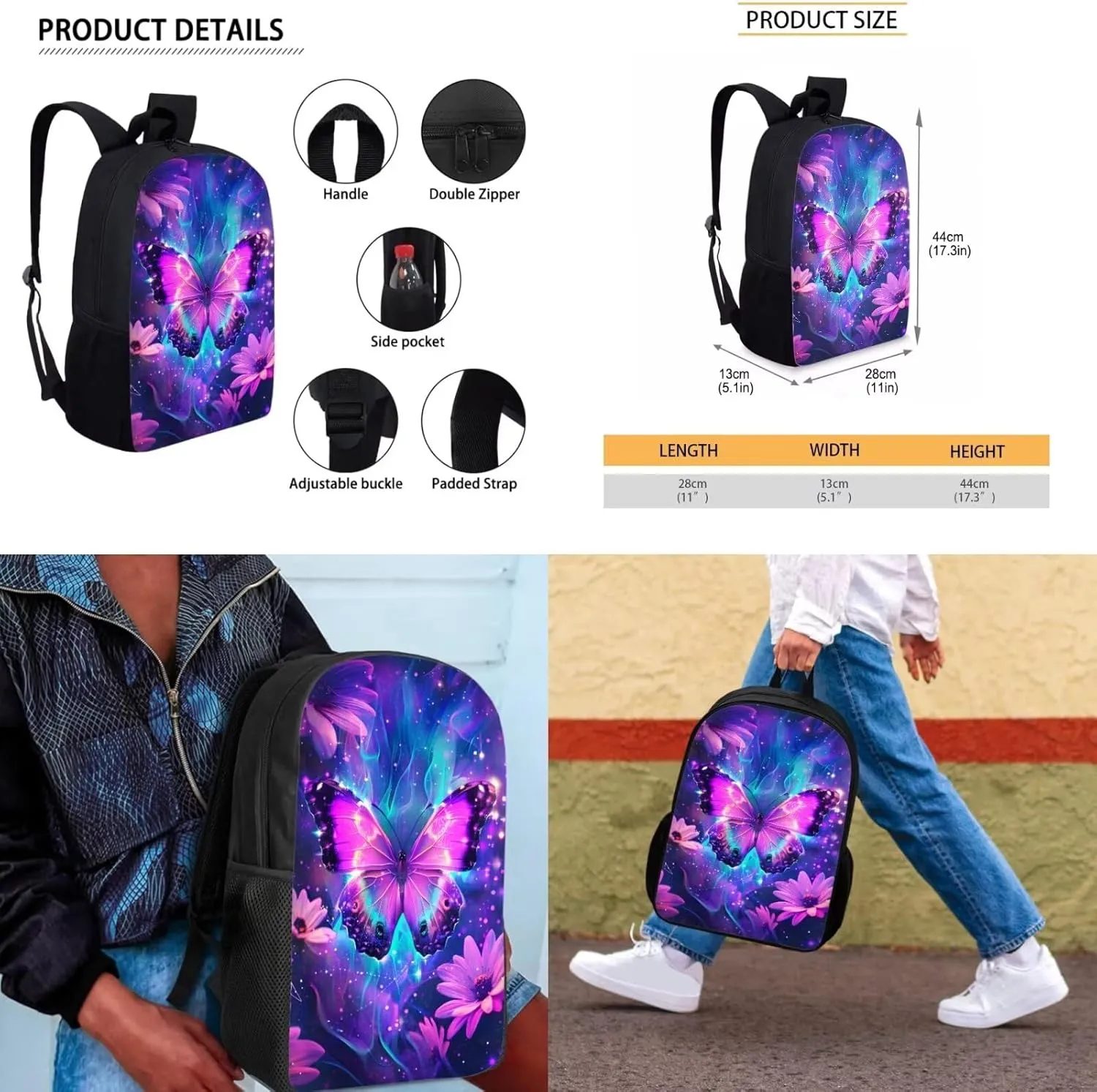 Butterfly Floral Backpacks and Lunch Boxes for Girls School Bags for Boys 5-7 Back to School 17Inch Bookbags with Zipper Pocket Gift Choice for Children/Kids On Back To School,Birthday