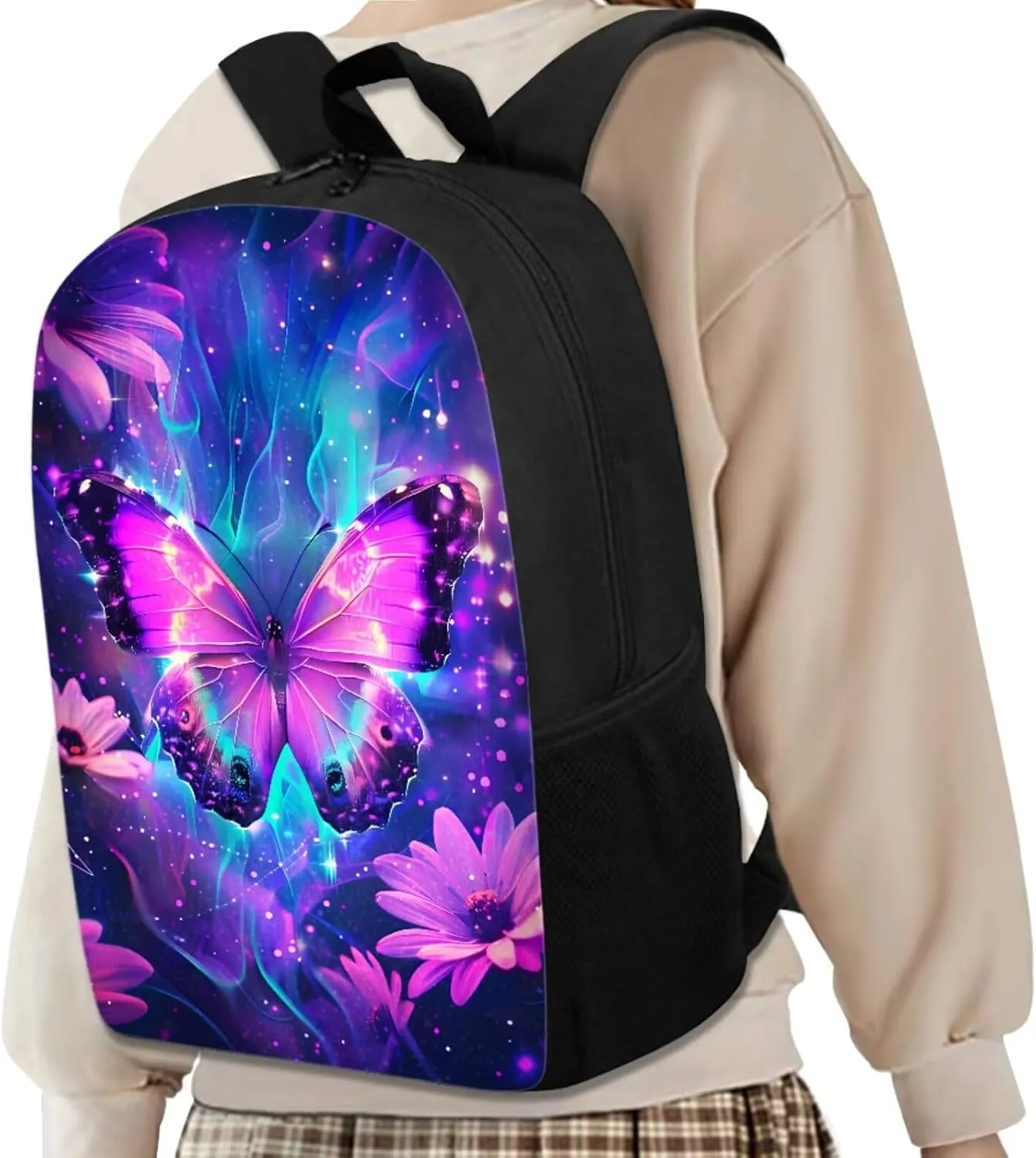 Butterfly Floral Backpacks and Lunch Boxes for Girls School Bags for Boys 5-7 Back to School 17Inch Bookbags with Zipper Pocket Gift Choice for Children/Kids On Back To School,Birthday