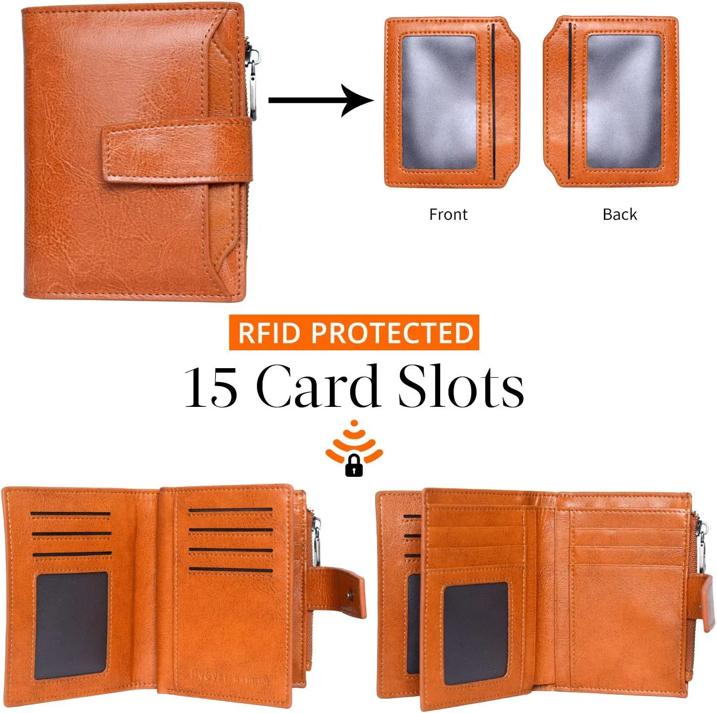 Bveyzi Women's Small Leather RFID Blocking Bifold Zipper Pocket Wallet Ladies Credit Card Slots Purse with id Window