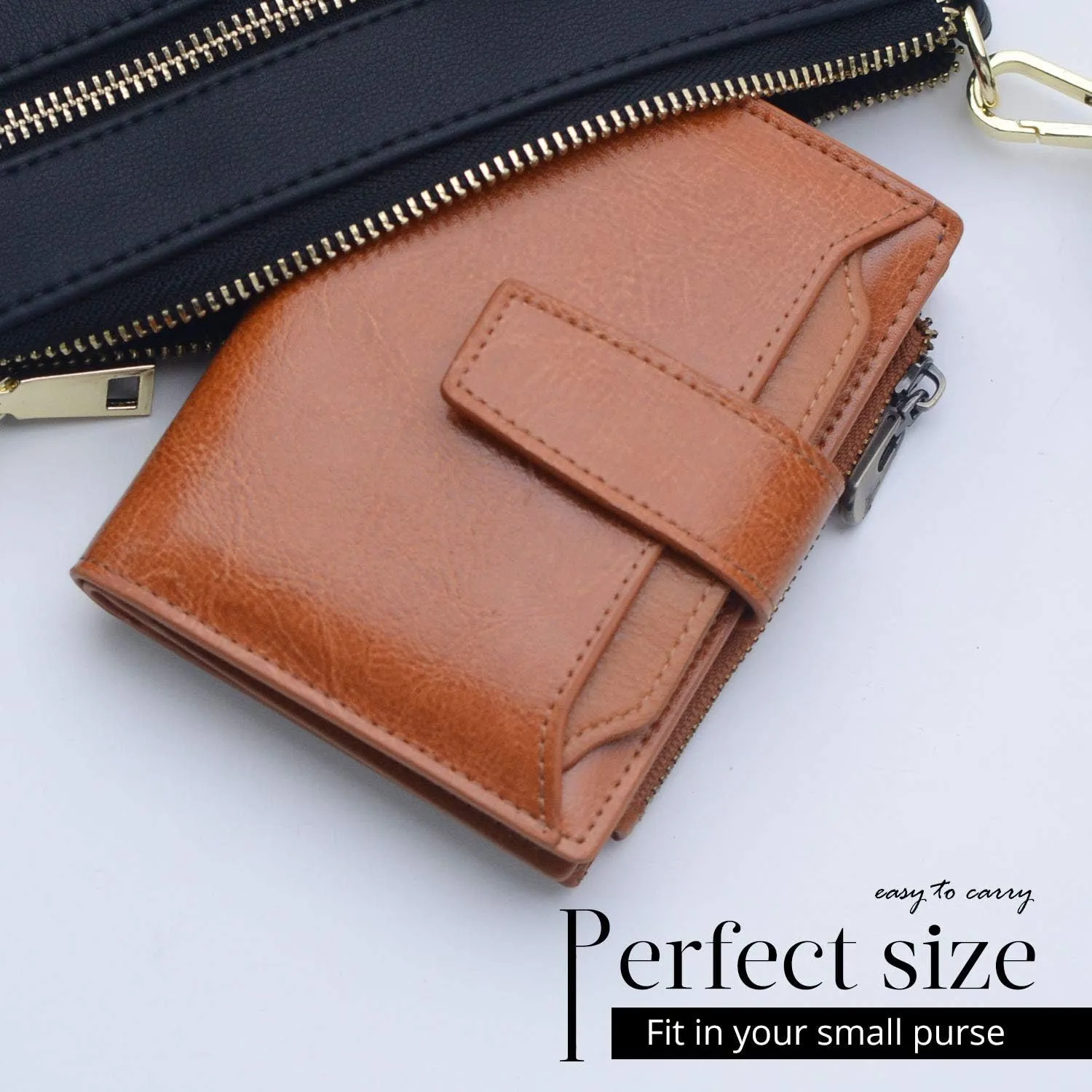 Bveyzi Women's Small Leather RFID Blocking Bifold Zipper Pocket Wallet Ladies Credit Card Slots Purse with id Window