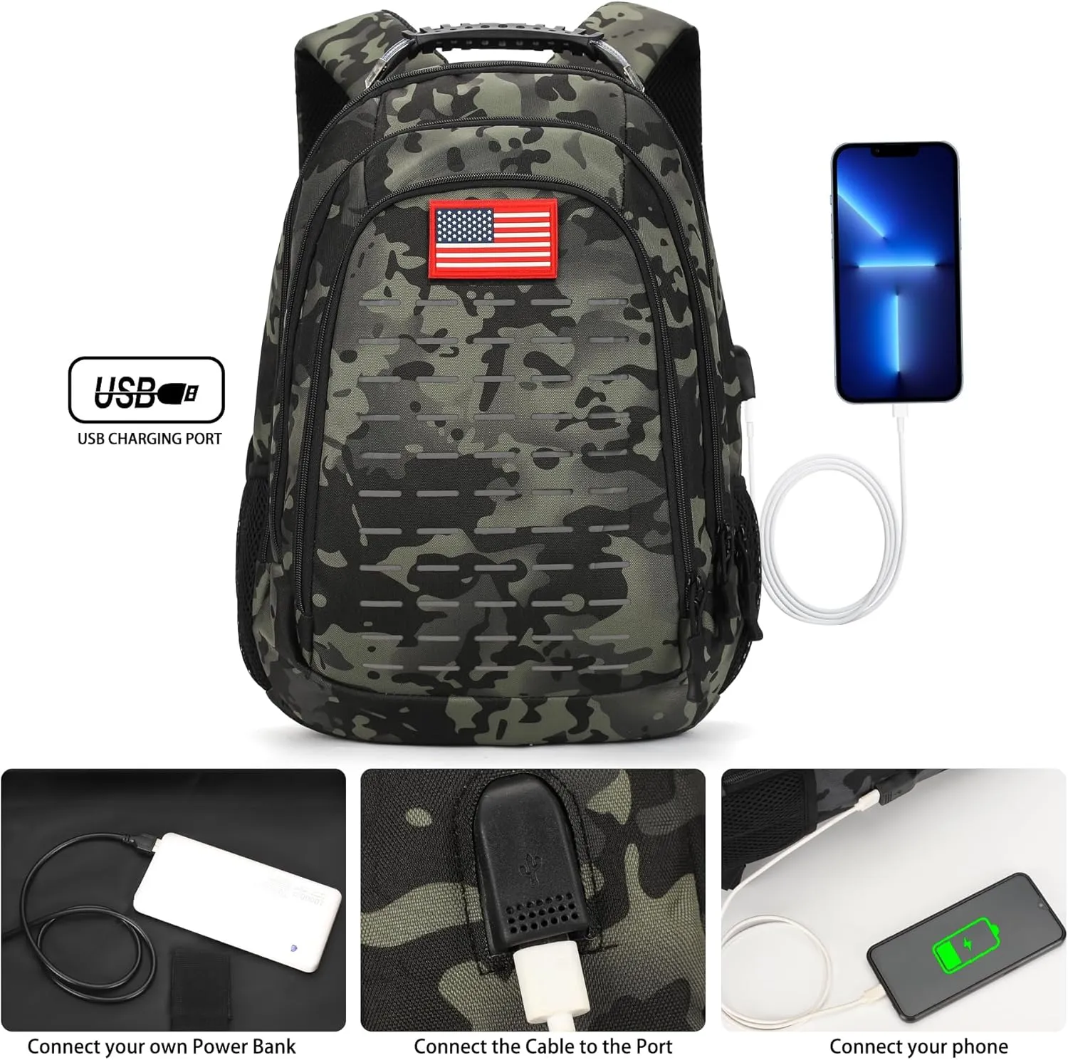 Camo Backpack for boys, Teen Boys Backpacks for School,Camo Bookbag for kid,Small Tactica Backpack for outdoor,with USB Charging Port,40L