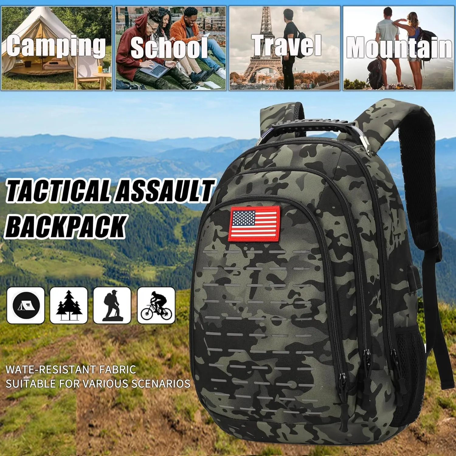 Camo Backpack for boys, Teen Boys Backpacks for School,Camo Bookbag for kid,Small Tactica Backpack for outdoor,with USB Charging Port,40L