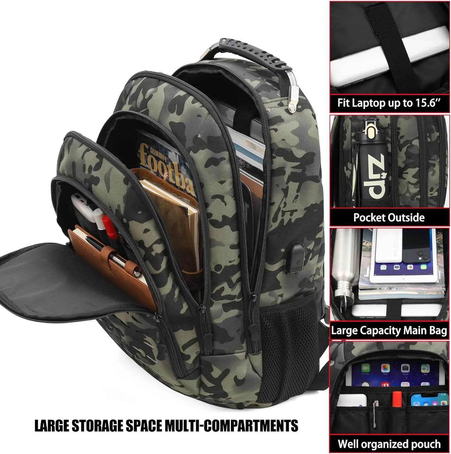 Camo Backpack for boys, Teen Boys Backpacks for School,Camo Bookbag for kid,Small Tactica Backpack for outdoor,with USB Charging Port,40L