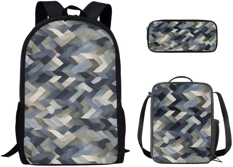 Camouflage Gray Stripes 17" College Backpacks Sets Geometric Stripe 3 Pieces Lunch Bag Modern Art Large Capacity Pencil Case for Student