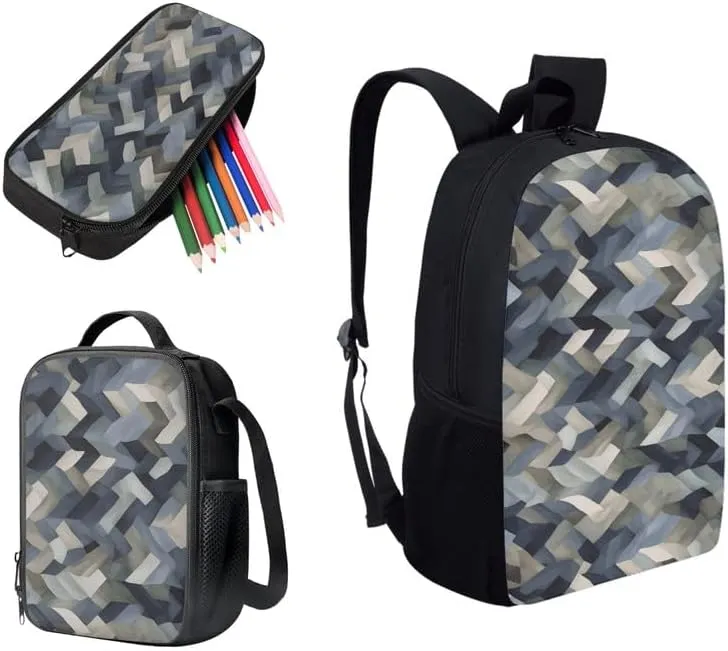 Camouflage Gray Stripes 17" College Backpacks Sets Geometric Stripe 3 Pieces Lunch Bag Modern Art Large Capacity Pencil Case for Student