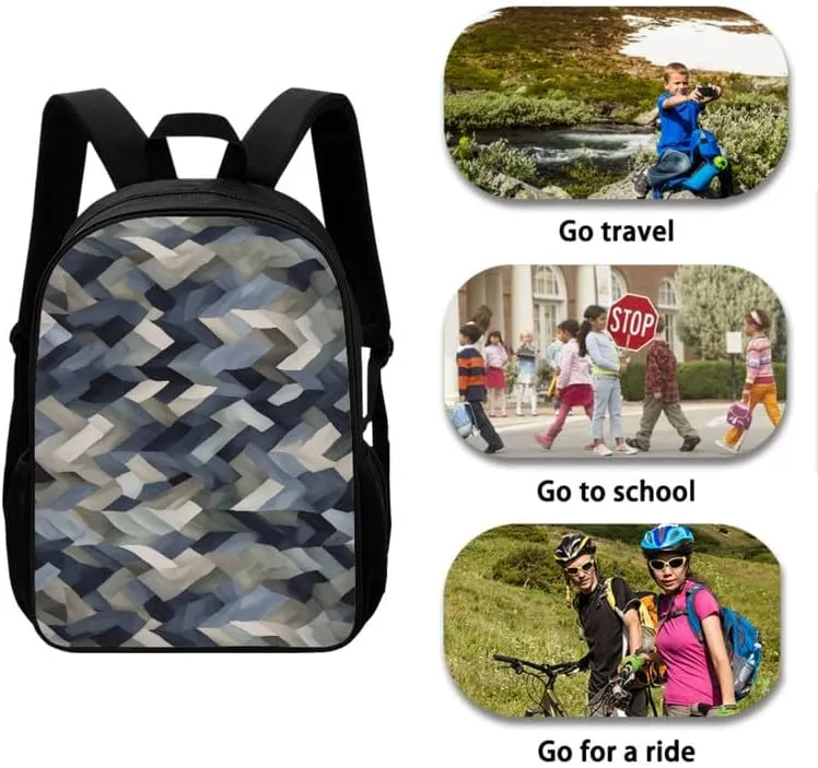 Camouflage Gray Stripes 17" College Backpacks Sets Geometric Stripe 3 Pieces Lunch Bag Modern Art Large Capacity Pencil Case for Student