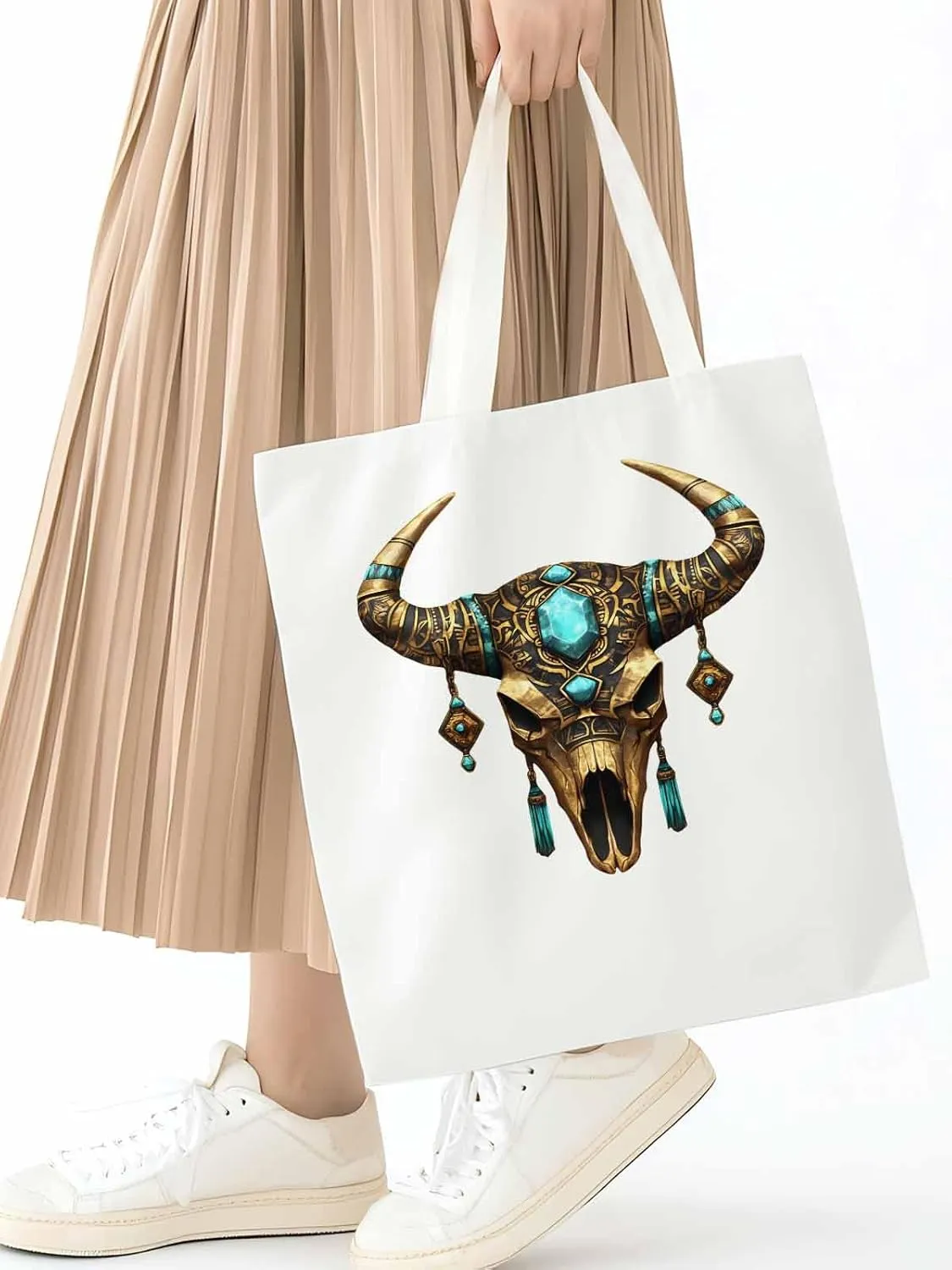 Canvas Tote Bag, Boho Cow Skull Print Aesthetic Canvas Tote Handbags for Women Shoulder Bag,