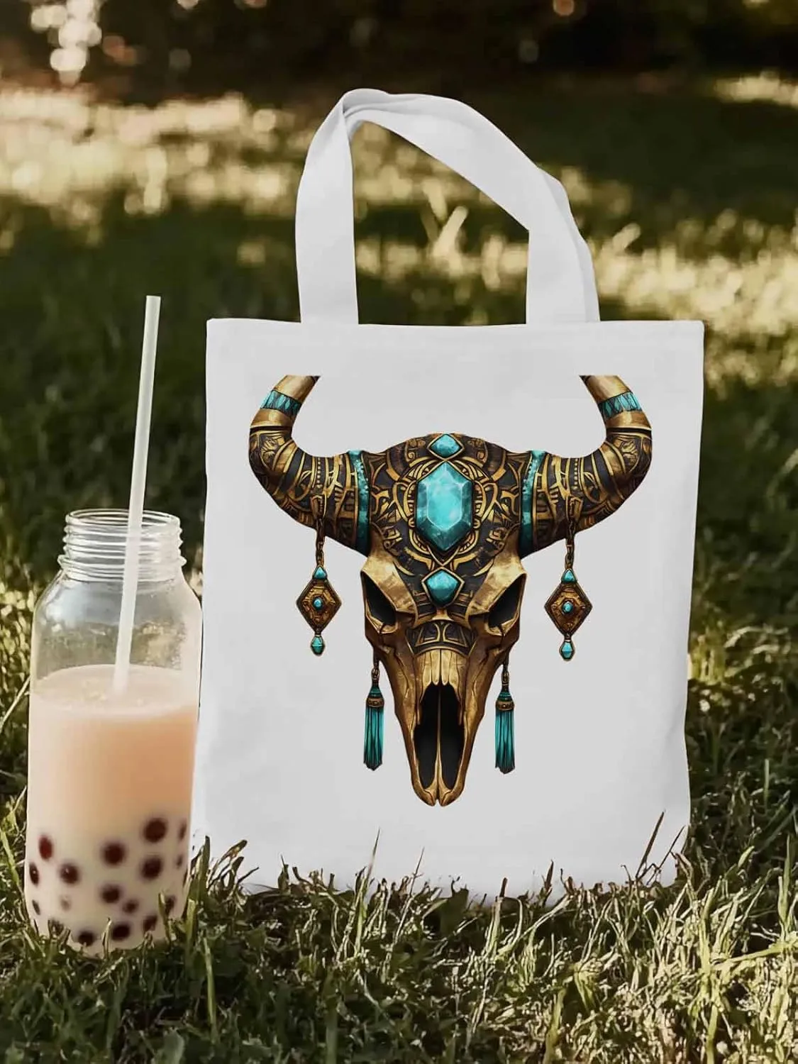 Canvas Tote Bag, Boho Cow Skull Print Aesthetic Canvas Tote Handbags for Women Shoulder Bag,