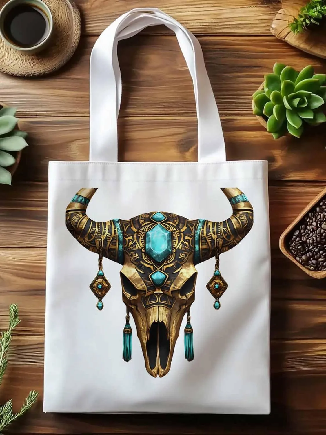 Canvas Tote Bag, Boho Cow Skull Print Aesthetic Canvas Tote Handbags for Women Shoulder Bag,