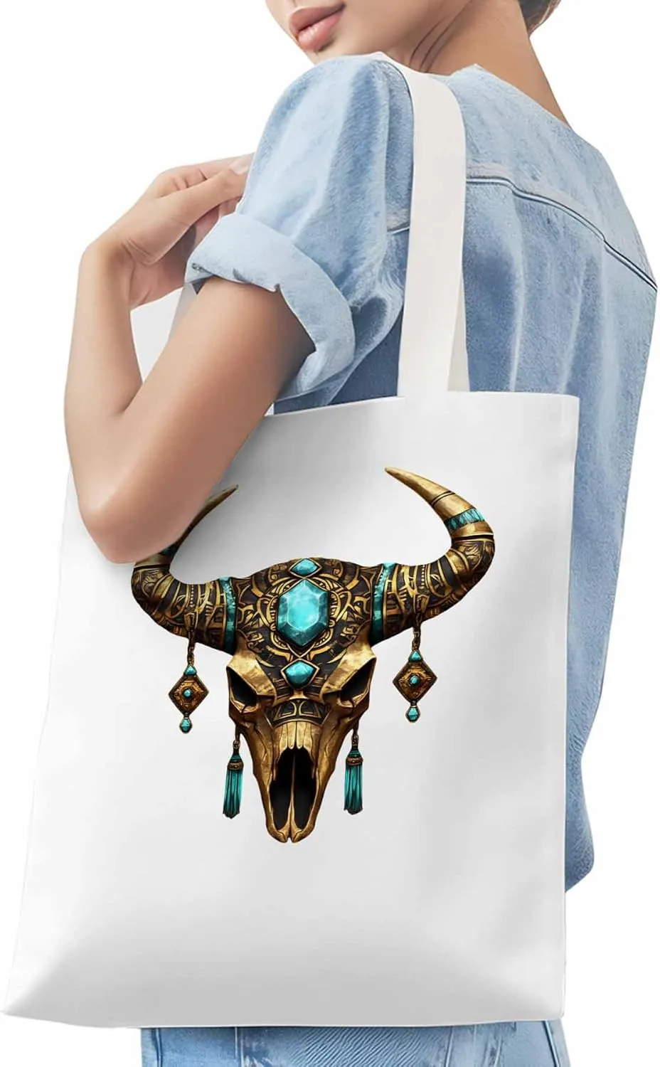 Canvas Tote Bag, Boho Cow Skull Print Aesthetic Canvas Tote Handbags for Women Shoulder Bag,