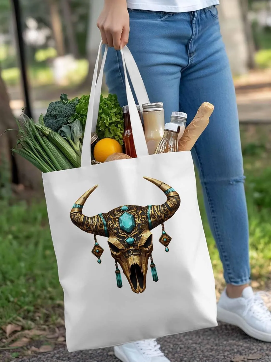 Canvas Tote Bag, Boho Cow Skull Print Aesthetic Canvas Tote Handbags for Women Shoulder Bag,