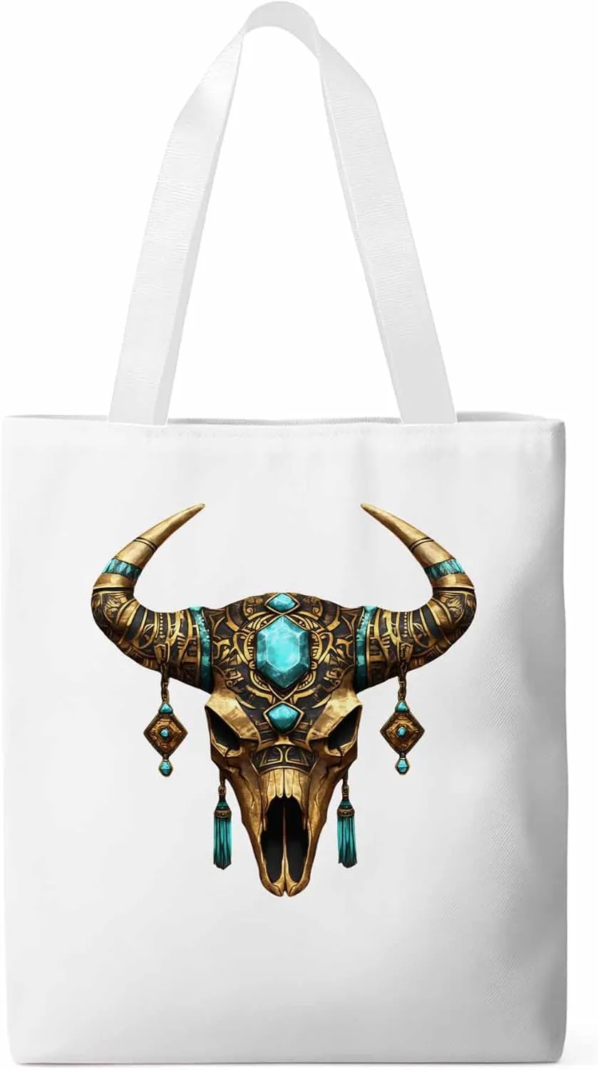 Canvas Tote Bag, Boho Cow Skull Print Aesthetic Canvas Tote Handbags for Women Shoulder Bag,