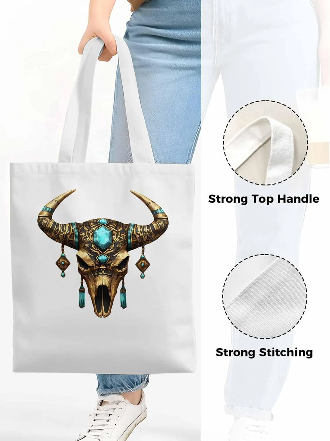 Canvas Tote Bag, Boho Cow Skull Print Aesthetic Canvas Tote Handbags for Women Shoulder Bag,