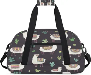 Cartoon Alpaca Gym Duffel Bag for Men Women Cactus Sports Tote Bag with Adjustable Shoulder Strap for Dance Gymnastics Traveling Outdoor Camping Overnight Stay