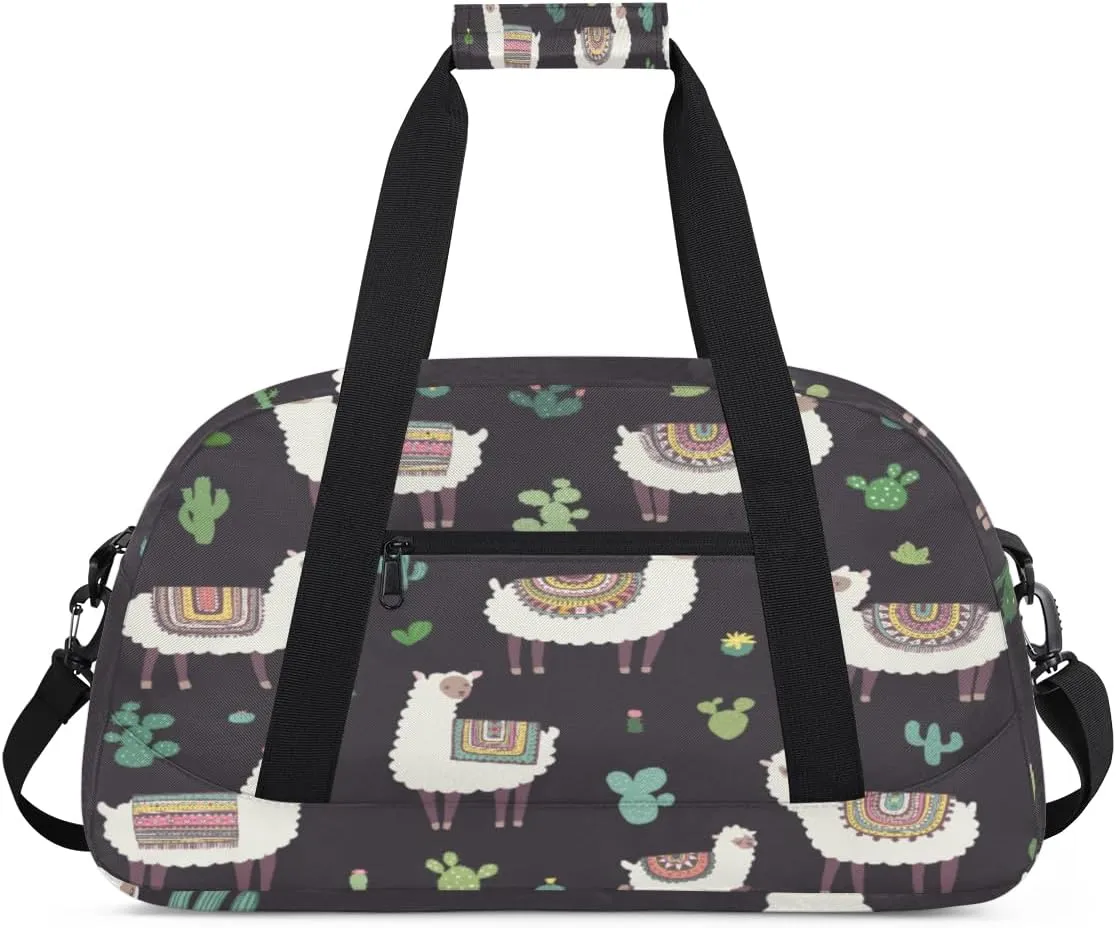 Cartoon Alpaca Gym Duffel Bag for Men Women Cactus Sports Tote Bag with Adjustable Shoulder Strap for Dance Gymnastics Traveling Outdoor Camping Overnight Stay