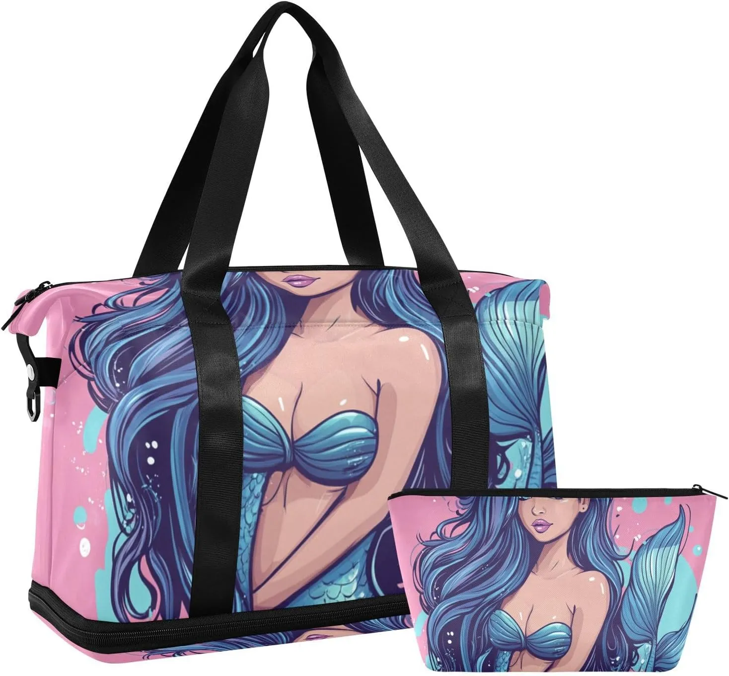 Cartoon Beautiful Mysterious Blue Mermaid Gym Tote Bag Carry On Shoulder Weekend Tote with Adjustable Strap for Sports Foldable