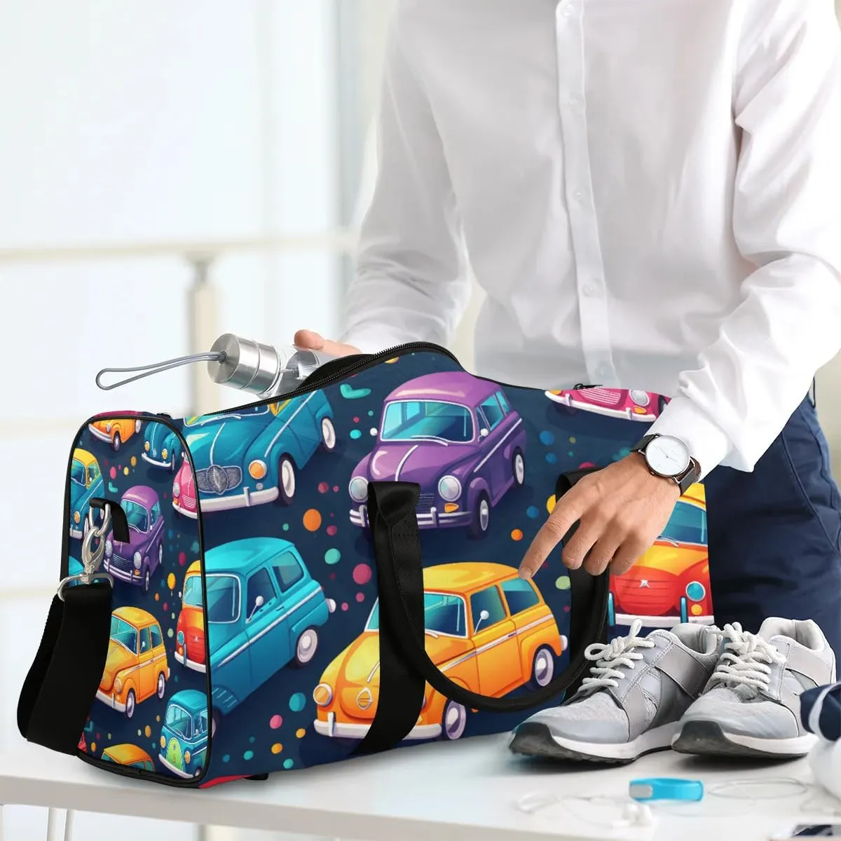 Cartoon Car Truck Pattern Travel Duffel Bag for Women Men Waterproof Foldable Overnight Weekender Bag Large Capacity Sports Gym Bag