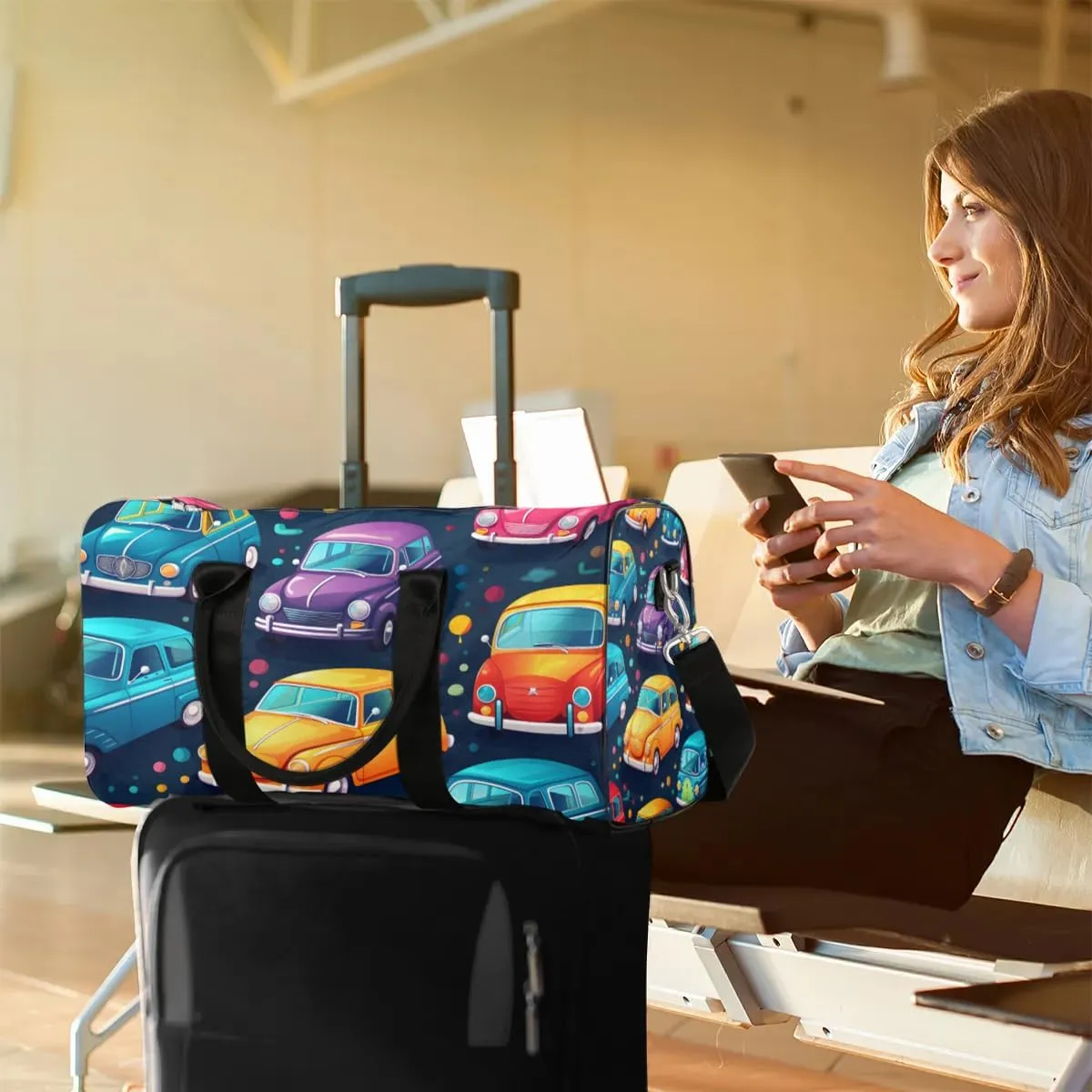 Cartoon Car Truck Pattern Travel Duffel Bag for Women Men Waterproof Foldable Overnight Weekender Bag Large Capacity Sports Gym Bag