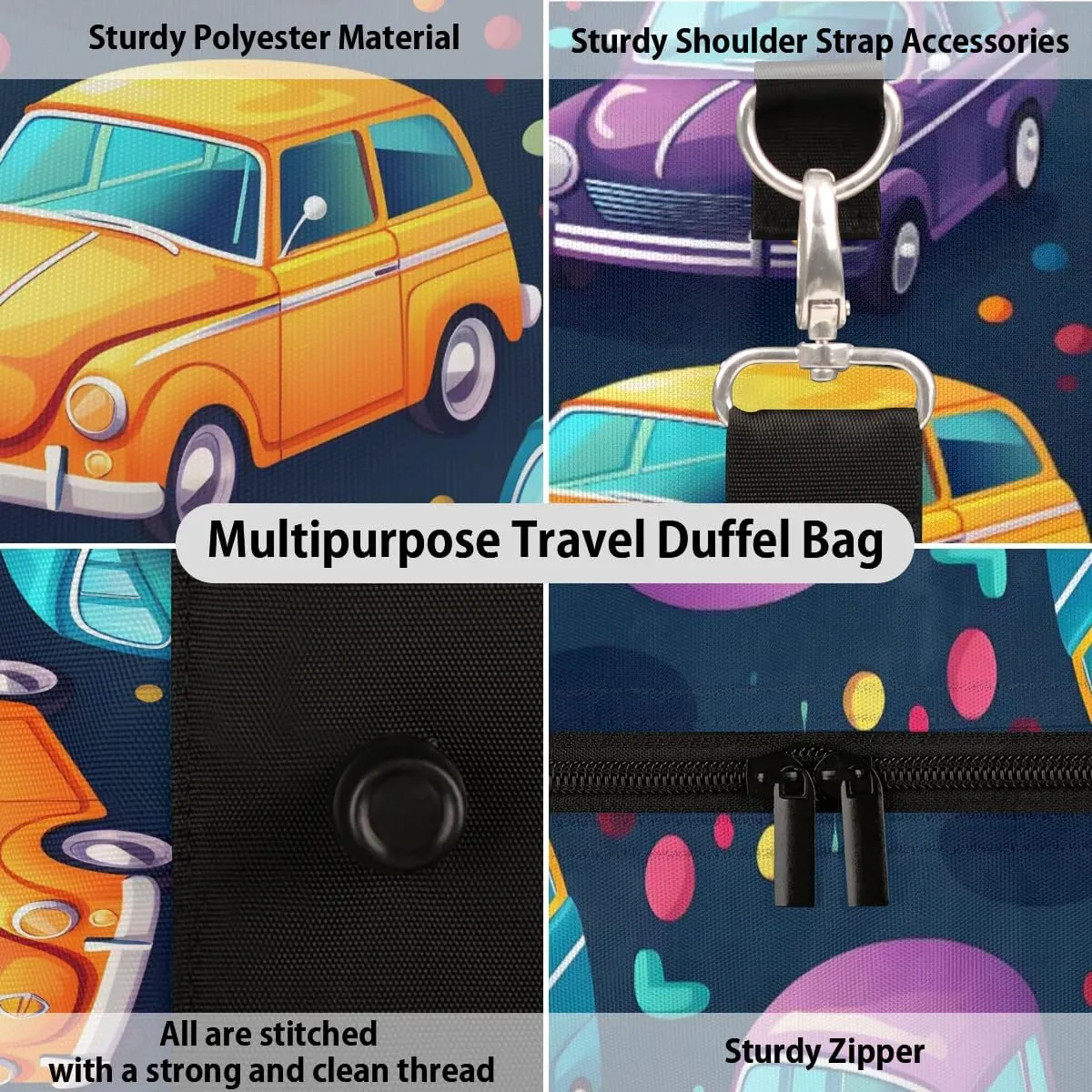 Cartoon Car Truck Pattern Travel Duffel Bag for Women Men Waterproof Foldable Overnight Weekender Bag Large Capacity Sports Gym Bag