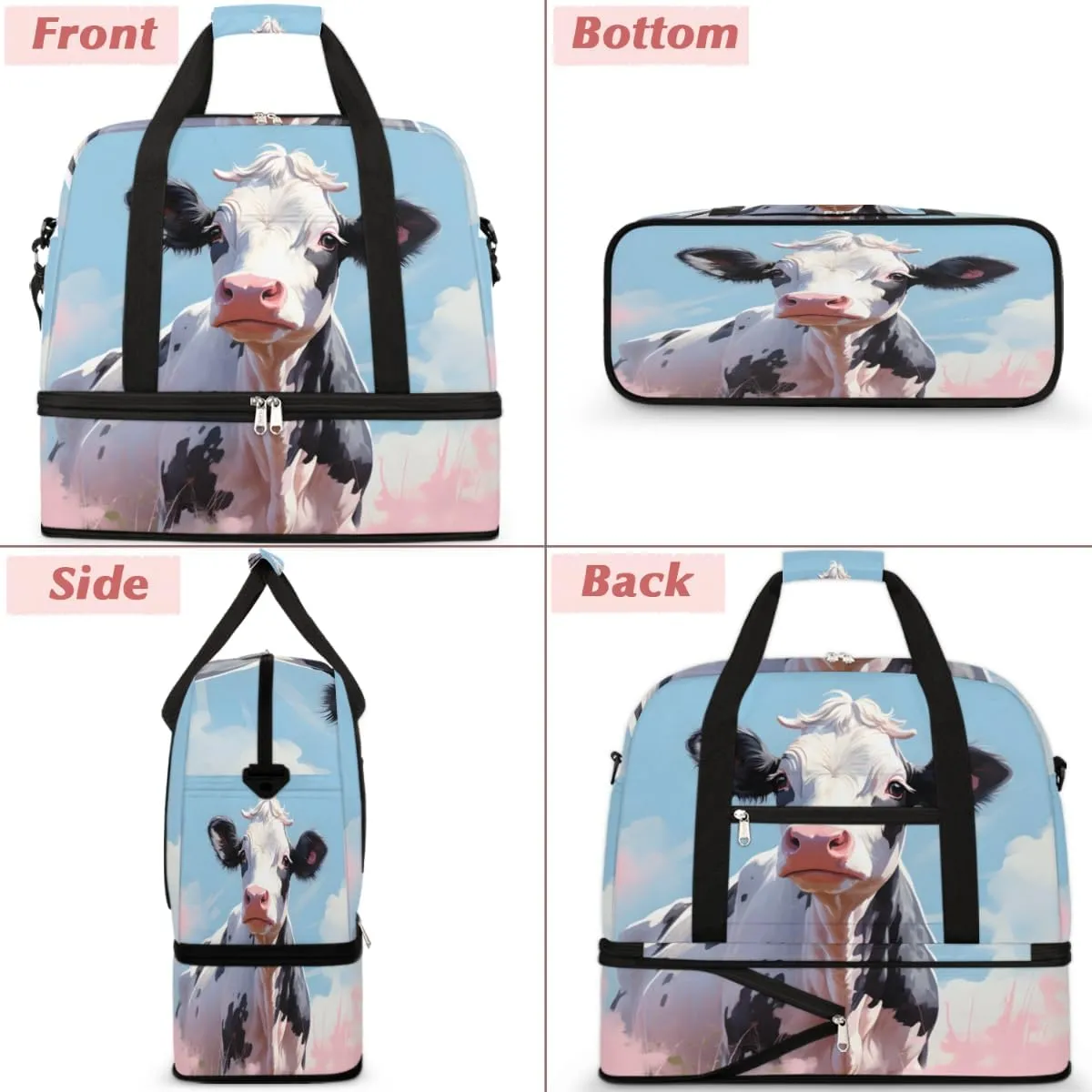 Cartoon Cattle Print Foldable Travel Duffel Bag Overnight Weekender Bag with Shoes Compartment Sports Gym Bag for Men Women