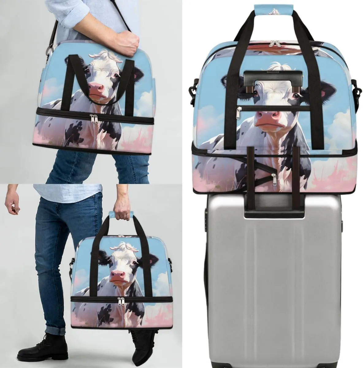 Cartoon Cattle Print Foldable Travel Duffel Bag Overnight Weekender Bag with Shoes Compartment Sports Gym Bag for Men Women