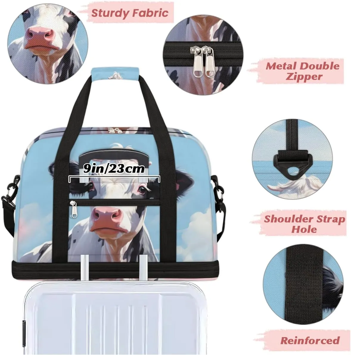 Cartoon Cattle Print Foldable Travel Duffel Bag Overnight Weekender Bag with Shoes Compartment Sports Gym Bag for Men Women