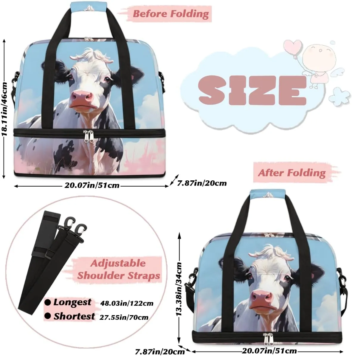 Cartoon Cattle Print Foldable Travel Duffel Bag Overnight Weekender Bag with Shoes Compartment Sports Gym Bag for Men Women