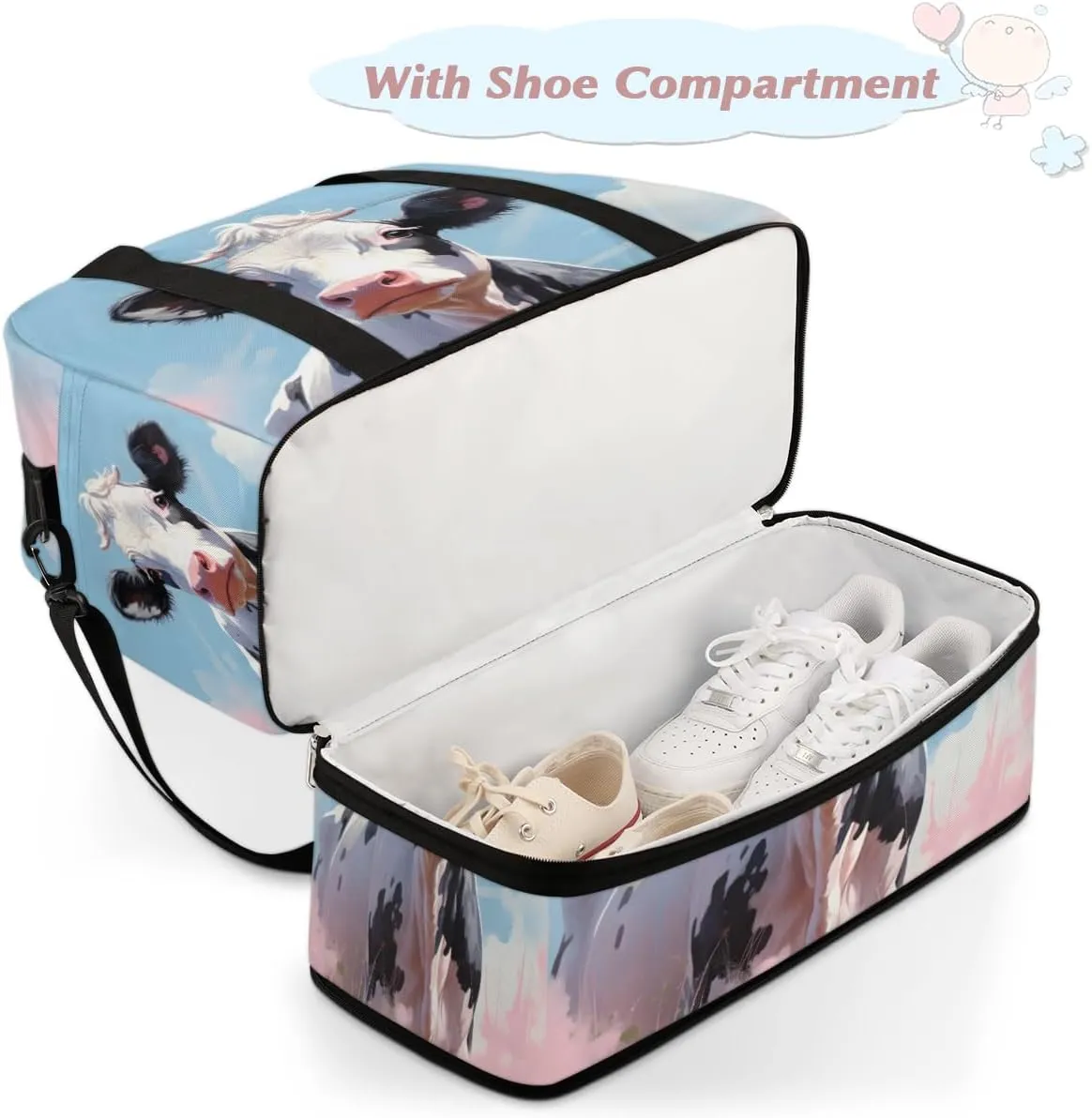 Cartoon Cattle Print Foldable Travel Duffel Bag Overnight Weekender Bag with Shoes Compartment Sports Gym Bag for Men Women
