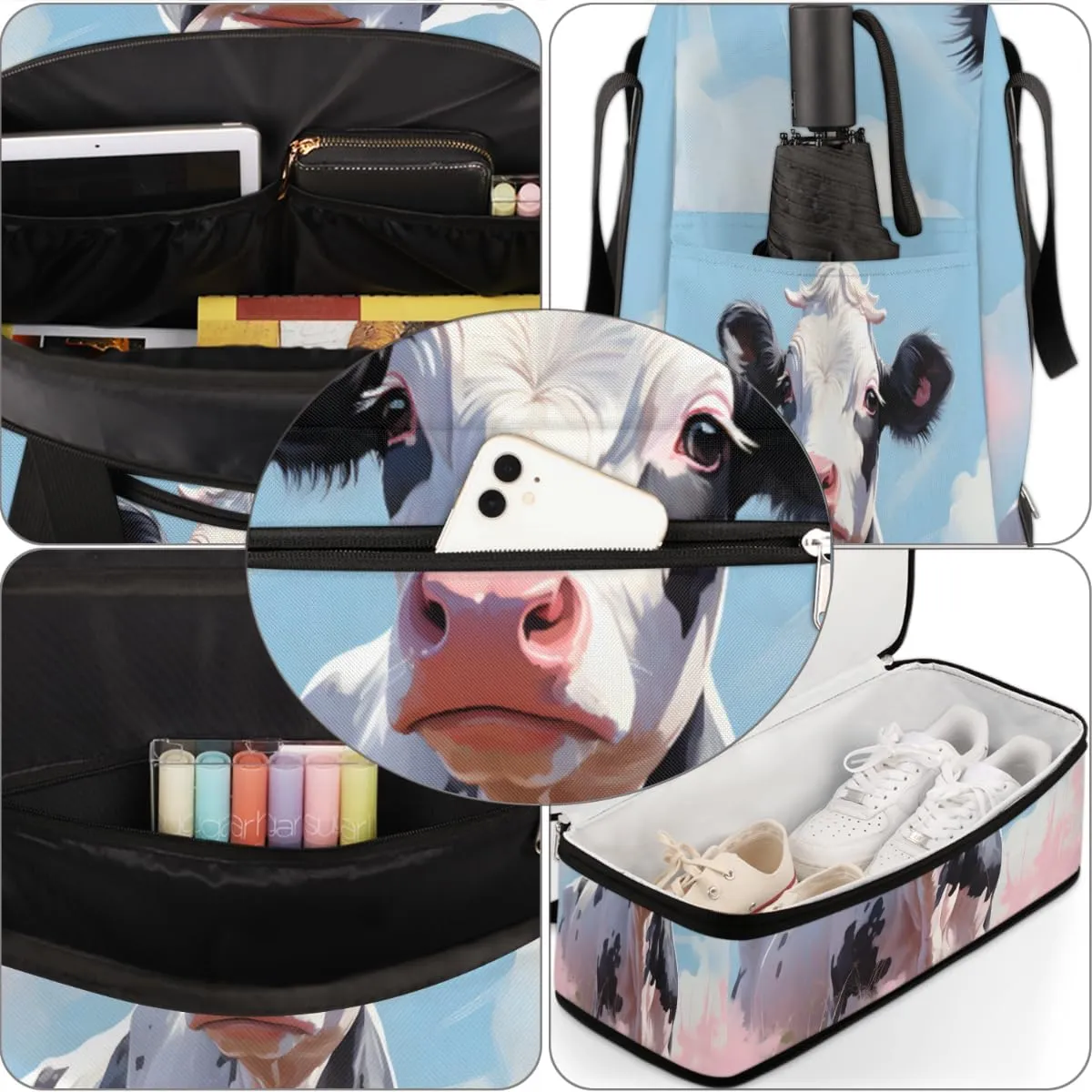 Cartoon Cattle Print Foldable Travel Duffel Bag Overnight Weekender Bag with Shoes Compartment Sports Gym Bag for Men Women