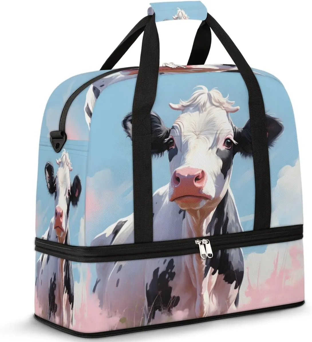 Cartoon Cattle Print Foldable Travel Duffel Bag Overnight Weekender Bag with Shoes Compartment Sports Gym Bag for Men Women