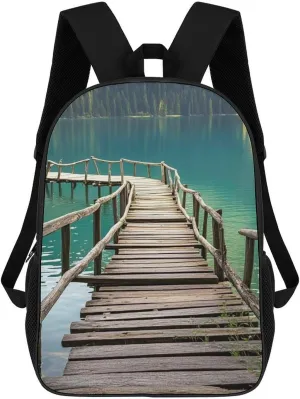 Casual Backpack for Men Women Waterproof Lightweight Daypack Travel Laptop Bag Wooden Bridge over The Lake