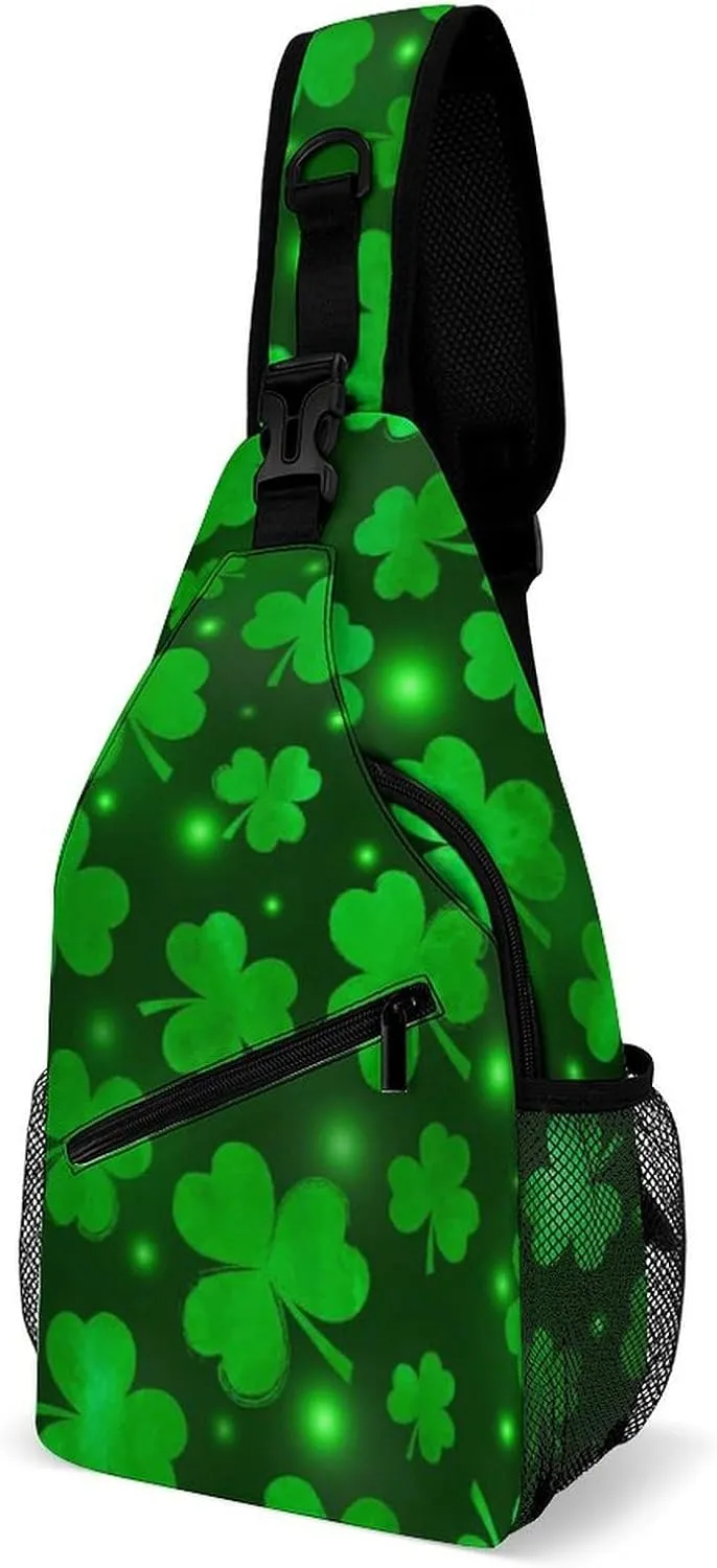 Casual Sling Bag Backpack, Rope Bag, for St Patricks Day Green Shamrock Clover Leaf Grass Shoulder Chest Crossbody Bag, Carry On Bag, Ipad Casual Carrying Tote Case Crossbody Travel Bag for Man/Women