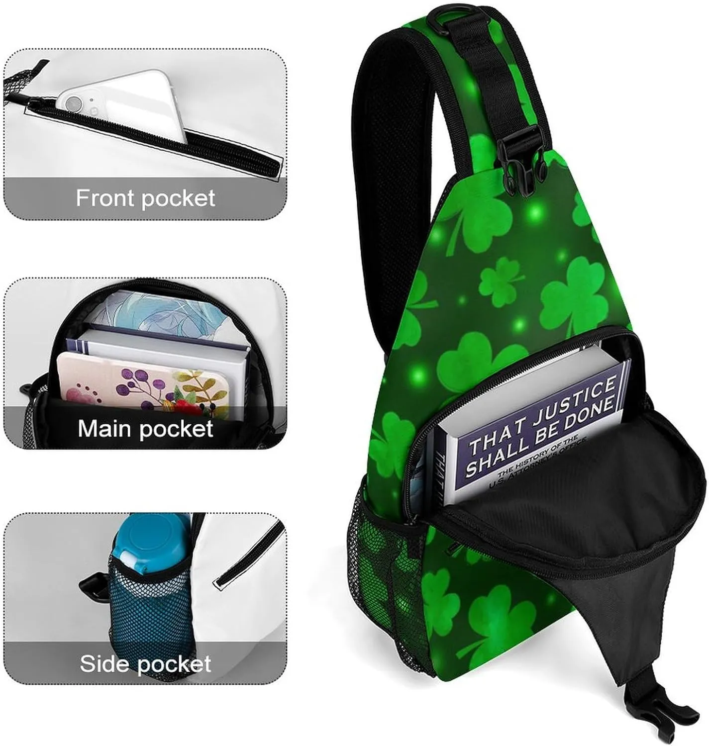 Casual Sling Bag Backpack, Rope Bag, for St Patricks Day Green Shamrock Clover Leaf Grass Shoulder Chest Crossbody Bag, Carry On Bag, Ipad Casual Carrying Tote Case Crossbody Travel Bag for Man/Women